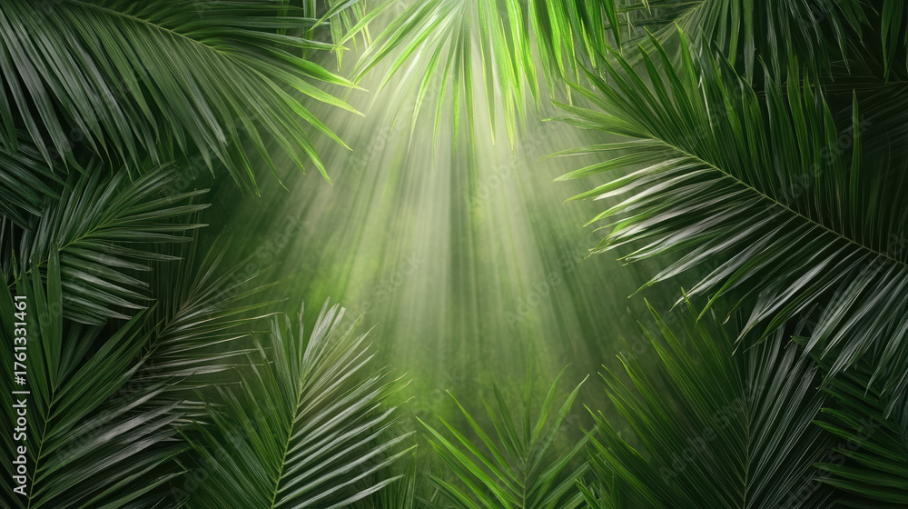 Obraz premium Gentle light passing through palm leaves creates calm tropical atmosphere