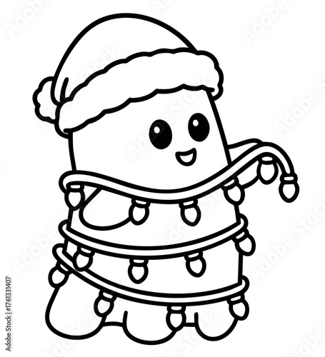 Cute christmas ghost wrapped in string lights wearing santa hat