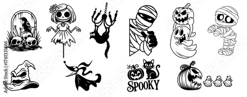 Halloween Spooky Characters Set — Crow on Skulls, Scared Hanging Cat, Zombie from Corner, Ghost with Pumpkin, Wrapped Mummy, Black Cat with Jack O’Lantern, Giant Pumpkin Chasing Ghosts, Sally Doll, Oo