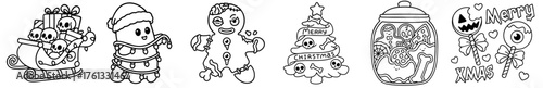 Halloween and Christmas Crossover Characters Set — Zombie Gingerbread Man with Brains, Spooky Christmas Tree with Skulls, Pumpkin Jar with Eyeballs, Ghost with Happy Halloween Sign, Festive Snowman an