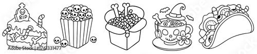 Halloween Creepy Food Set — Spooky Cupcake with Bones, Popcorn with Skulls, Worm Noodles, Witch Mug and Haunted Taco