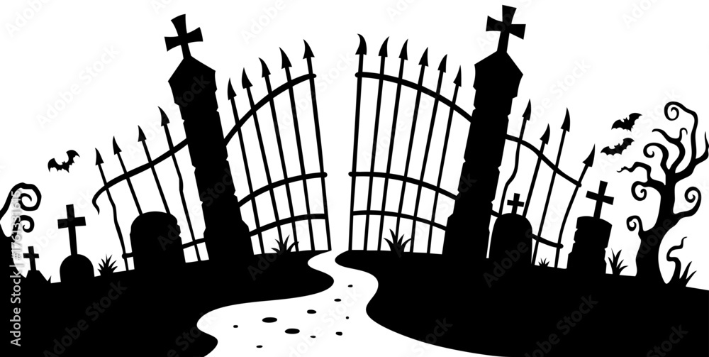 Naklejka premium Old cemetery gate with crooked iron fence, crosses and gravestones along a winding path, spooky halloween entrance surrounded by dead trees and flying bats