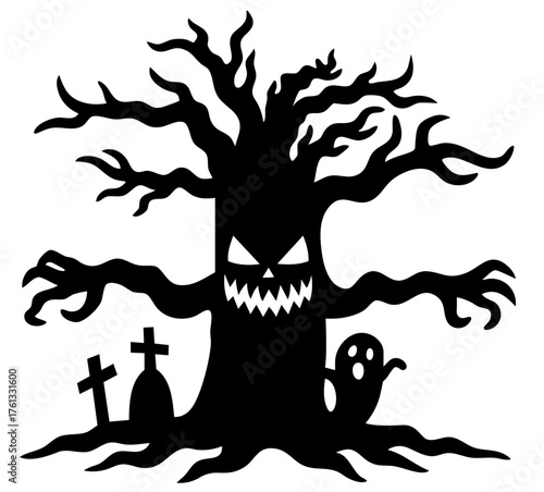 Haunted tree with evil face and sharp roots standing beside gravestones and ghost, with twisted branches