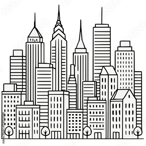 Line art skyline of modern city with skyscrapers and buildings, minimalist black outline illustration