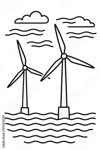 Offshore Wind Turbines Line Drawing with Ocean Waves and Clouds