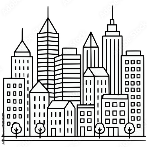 Line art skyline of modern city with skyscrapers and buildings, minimalist black outline illustration