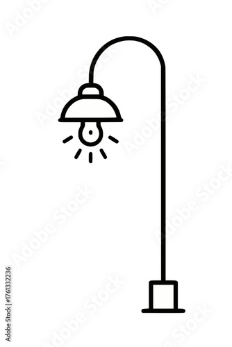 Street Lamp Line Drawing with Curved Pole and Radiating Light