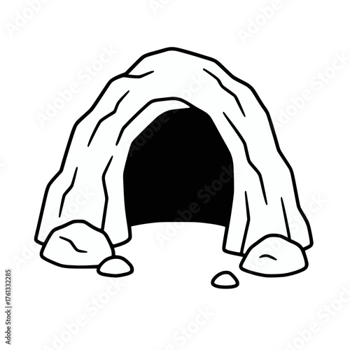Cartoon Cave Entrance Line Drawing with Surrounding Rocks