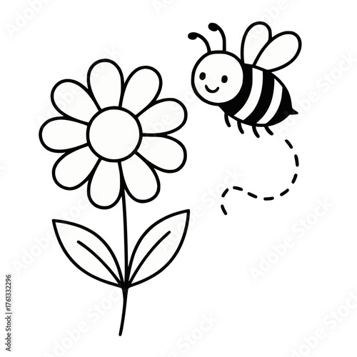 Bee Flying Toward Flower Line Drawing Nature Pollination Scene