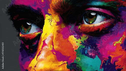 Vibrant colors blend in mesmerizing artwork showcasing woman face in virtual chaos, evoking deep emotions and creativity