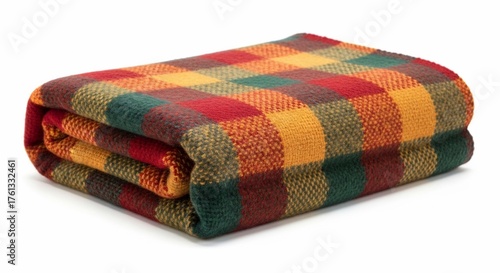 Cozy plaid blanket in vibrant autumn colors folded neatly. The plaid blanket features warm hues of orange, green, and yellow, perfect for adding comfort to any living space.
