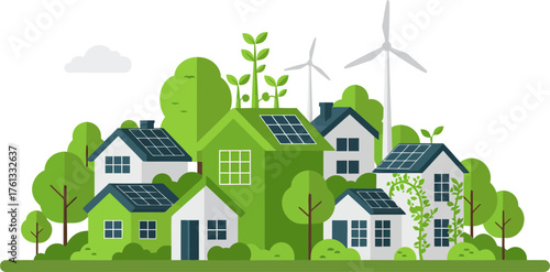 eco-friendly sustainable community with renewable energy sources and green landscapes designed for