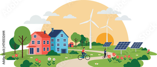 Eco-Friendly Neighborhood with Renewable Energy Sources and Green Plants in a Sustainable