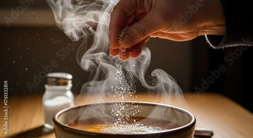 Fototapeta Close-up shot of a hand sprinkling salt over a steaming bowl of food on a wooden table.
