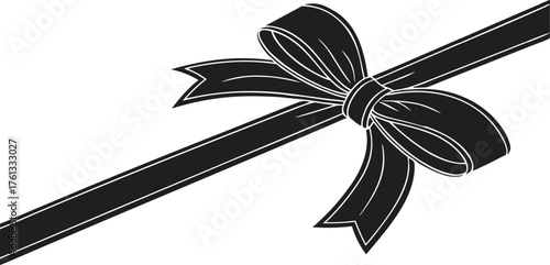 Elegant gift box with black ribbon and shiny bow tied, vector design, no background.