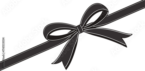 Vector illustration of a shiny gift wrapped with black ribbon and a tied bow, no background.