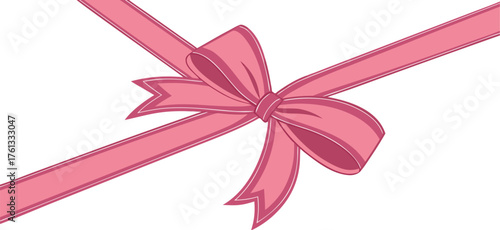 Pink ribbon tied into a bow on a shiny gift, isolated vector, no background.