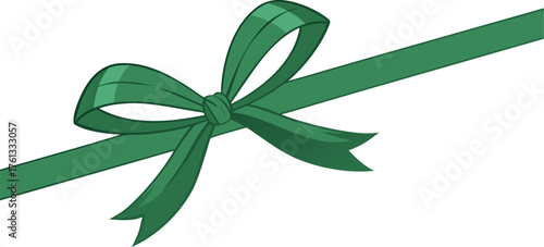 Elegant gift with green ribbon and bow, shiny decoration, isolated vector, no background.