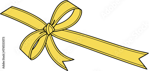 Elegant gift box with yellow ribbon and shiny bow tied, isolated vector, no background.