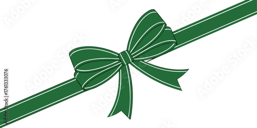 Gift box with green ribbon and tied bow, shiny design element, isolated vector, no background.