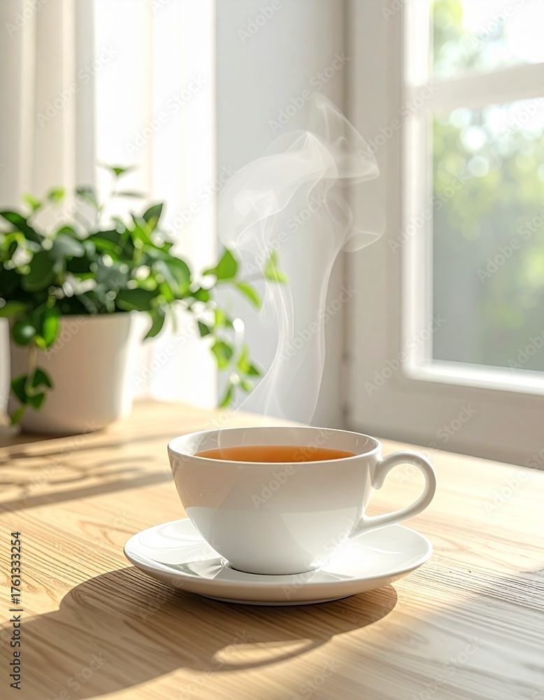 Obraz premium 明るいオークのテーブルに白いカップの紅茶 柔らかな湯気とミニマルな室内光