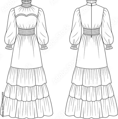Fashion flat sketch, women’s long tiered maxi dress with puff sleeves, high neck ruffle detail, fitted waist, CAD drawing flat vector illustration