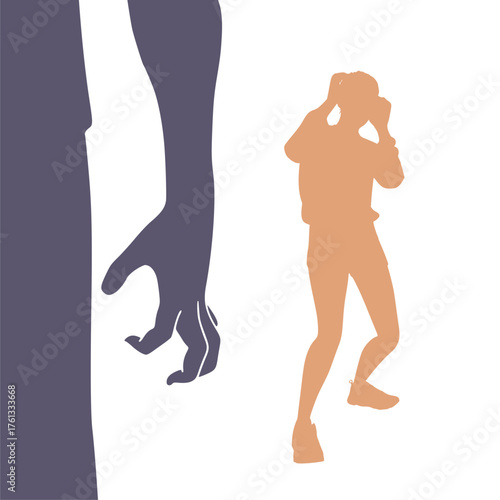 Abused young woman trying to hide and defend herself. Stop violence against women. Family scandal, crisis, domestic violence and abuse. Man beating up his wife.