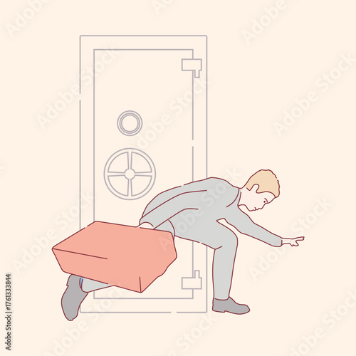 Man gangster steals documents or money from safe box. Concept of commercial espionage and trying to get insider documents. Thief escaping with a loot. Safe burglary.