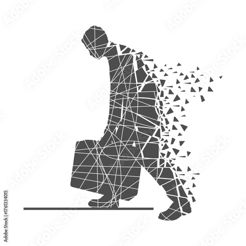 Sad and weary businessman walking with briefcase. Man having mental pressure or stress, broken into pieces. Bankruptcy on global economic recession and failure. Tired character with slumped shoulders.