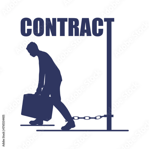 Businessman chained by a huge contract word. Concept of financial problem, obligation, responsibility, burden and money management. Financial mistake, bankruptcy and stress metaphor.