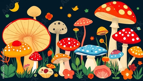Vibrant vector illustration of various mushrooms, toadstools, and fungi in a whimsical style,  ecology,  cartoon