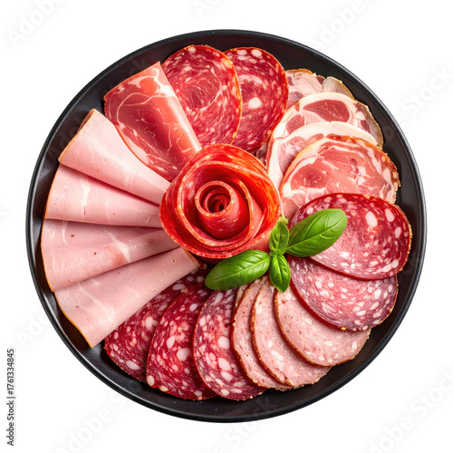 Exquisite charcuterie arrangement Assorted cold cuts artfully arranged on black plate isolated white background