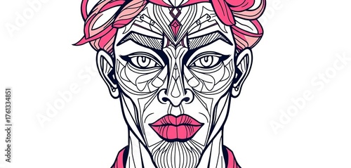 Intricate line art depicting a stylized face, featuring geometric shapes and bold strokes, outline, line art