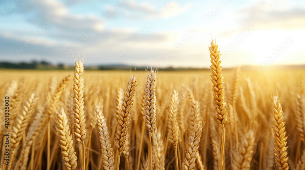 Fototapeta premium Golden wheat ears sway gently in warm morning light, creating calm and serene atmosphere