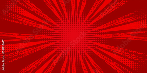 Red comic background. Art pop cartoon book. Halftone dot effect pattern. Sale banner. Anime texture. Sunburst manga style bg. Superhero popart. Gradient color.