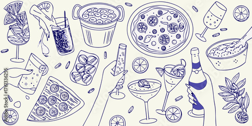 A whimsical hand drawn illustration of a party spread with pizza drinks and snacks