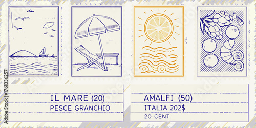 Collection of four stylized postage stamps depicting italian coastal themes and produce with handwritten text