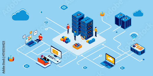 Isometric illustration of a modern data center with servers laptops and people working on cloud technology