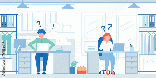 Two office workers looking confused and stressed while working on laptops at their desks