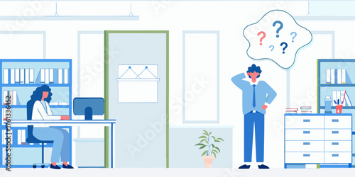 Confused businessman scratching head with question marks floating above while a woman works at a desk in an office