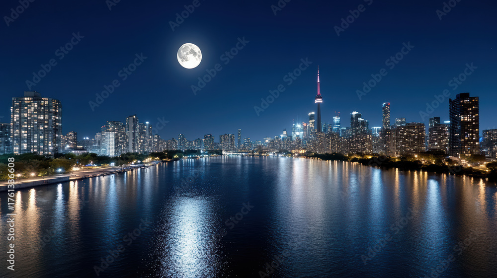 Naklejka premium Night view of urban skyline with moonlight reflecting on water, creating peaceful atmosphere