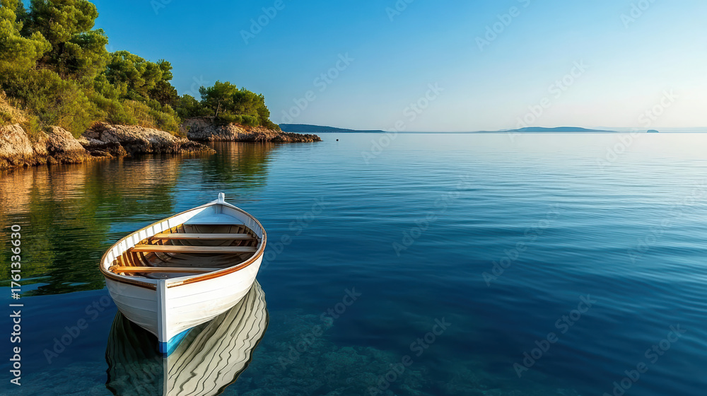 Obraz premium Serene boat floats on calm waters, surrounded by lush greenery and clear blue sky