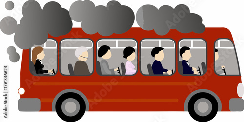 Diverse group of people riding in a red bus with smoke coming out of the exhaust pipe