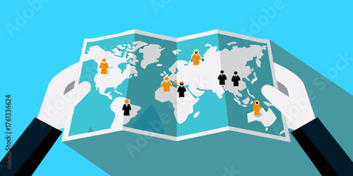 Hands holding a world map with diverse people icons representing global connections and business opportunities