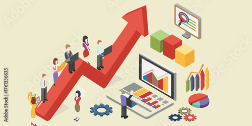 Business team collaborating on growth charts and data analysis with upward trending arrow and isometric graphics