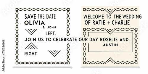 Art deco wedding invitation save the date and welcome card designs with geometric borders
