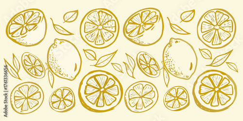 Hand drawn golden yellow lemon slices and whole lemons with leaves on a creamy background