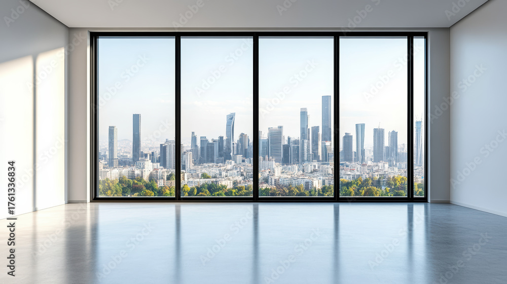 Obraz premium Modern office window view showcases vibrant city skyline with tall buildings and greenery