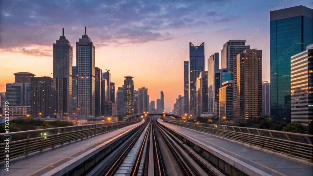 Obraz premium A vibrant city skyline at sunset, showcasing modern skyscrapers and railway tracks, reflecting urban life and architecture.