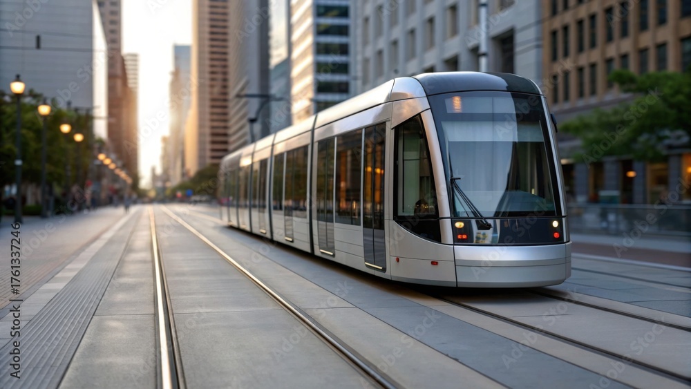 Naklejka premium A modern tram travels along urban tracks, surrounded by tall buildings and bathed in warm sunlight, showcasing a vibrant city atmosphere.